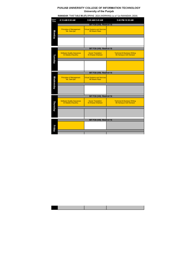 8th Semester Old Campus Time Table Spring 2024 | PDF