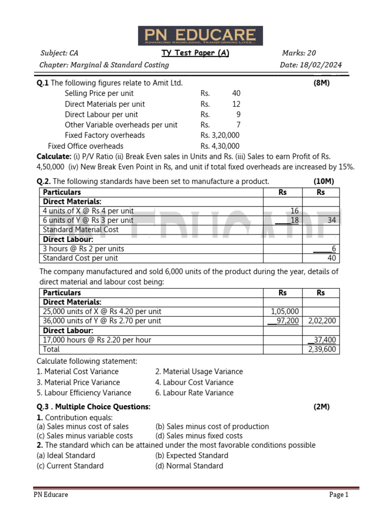 CA Test Paper on Costing Concepts | PDF | Variance | Cost Of Goods Sold