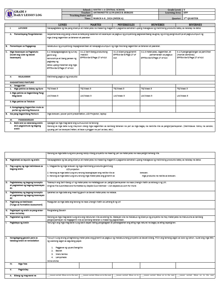 DLL - Epp 5 - Q3 - W6 | PDF