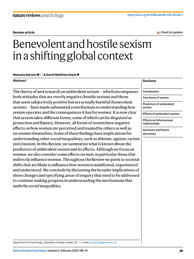 Benevolent and Hostile Sexism in A Shifting Global Context: Psychology ...