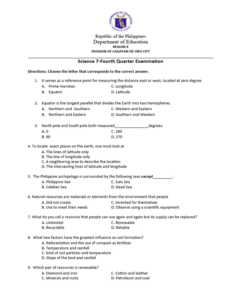 Science 7 Fourth Quarter Exam Guide | PDF