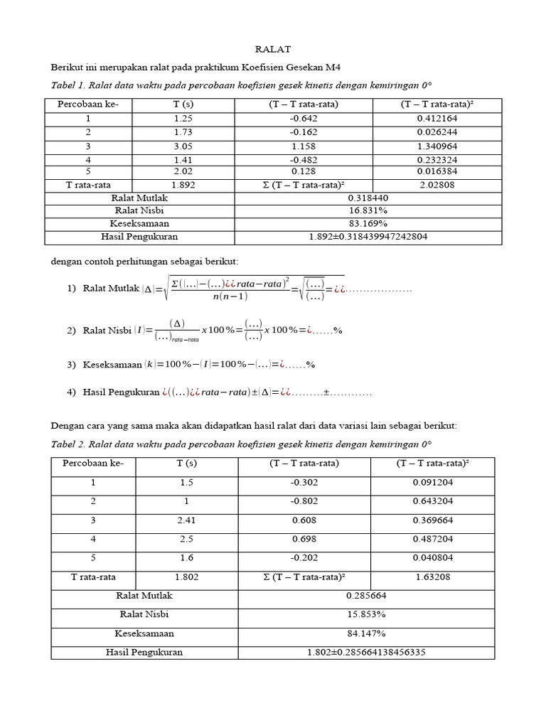 Tabel 1. Ralat Data Waktu Pada Percobaan Koefisien Gesek Kinetis Dengan ...