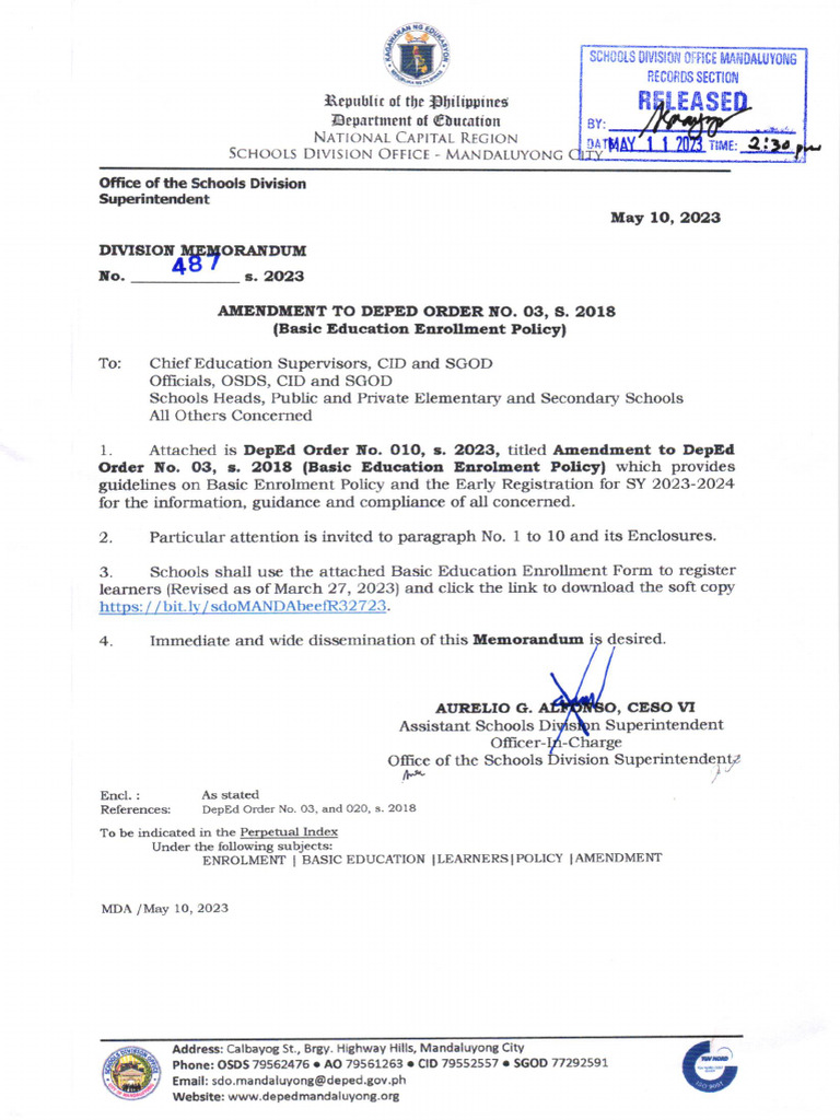 DM No. 487, S. 2023. Amendment To Deped Order No. 03, S. 2018 (Basic