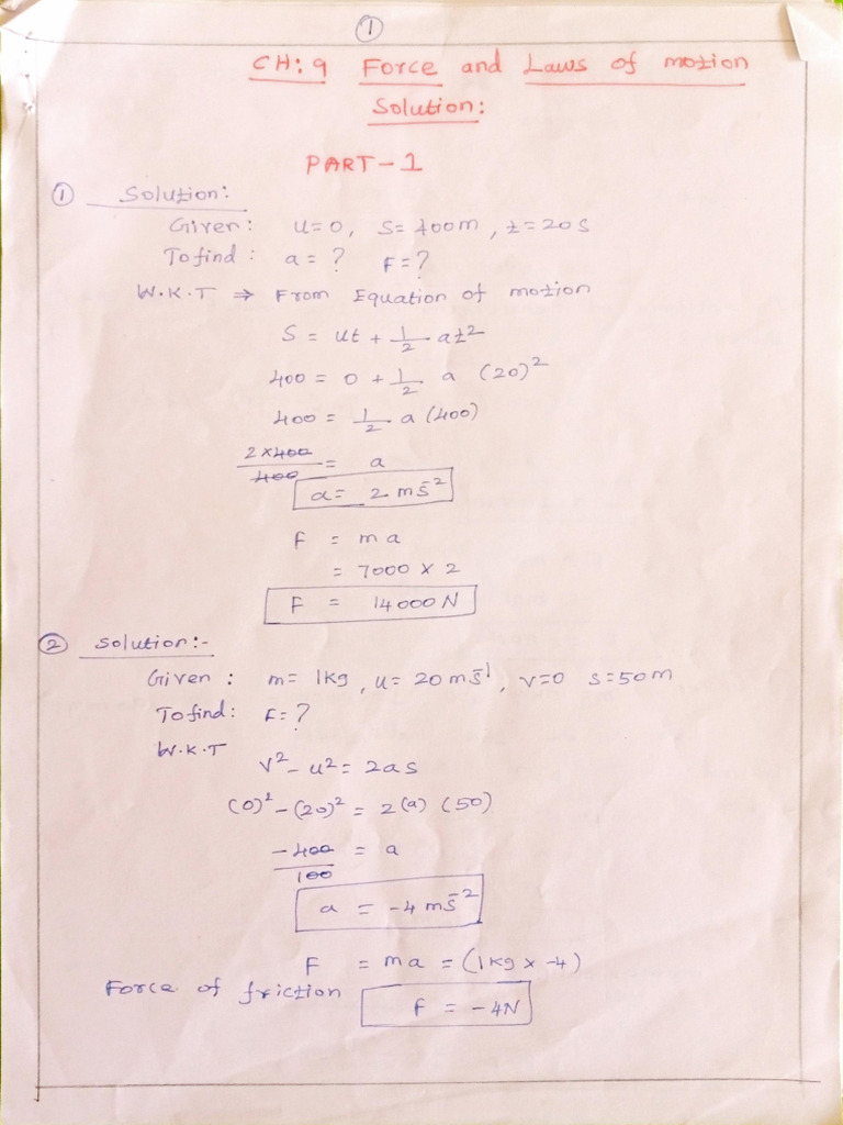 Solution CH 9 Force and Laws of Motion | PDF