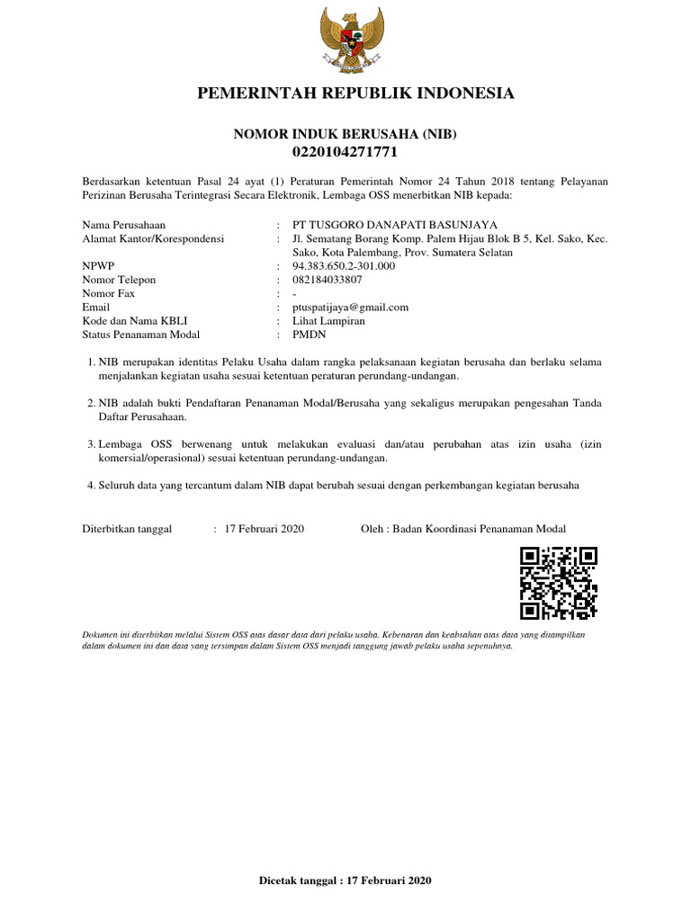 NIB PT Tusgoro Danapati Basunjaya | PDF