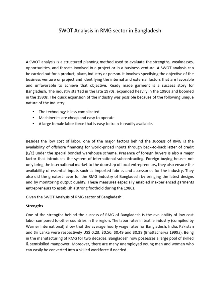 SWOT Analysis of Bangladesh RMG Sector | PDF | Swot Analysis | Textiles