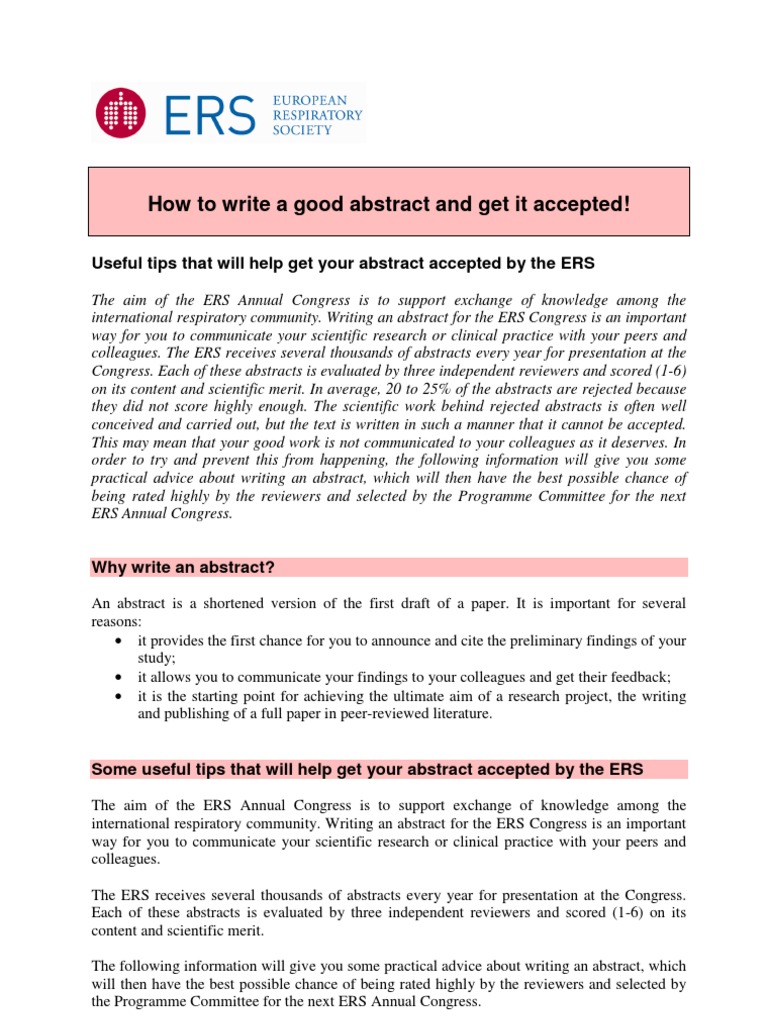 ERS 2011 Abstract Guidelines Abstract (Summary) Scientific Method
