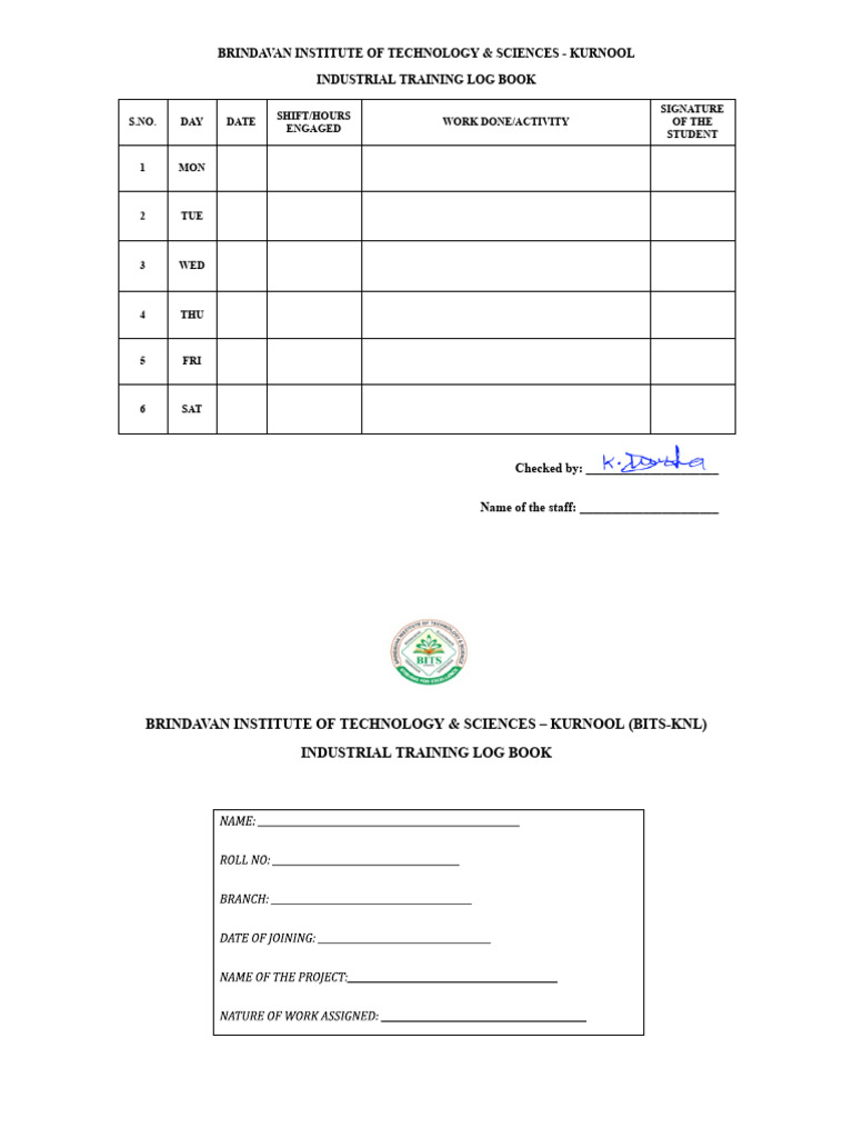Industrial Training Log Book BITS Kurnool | PDF | Technology & Engineering