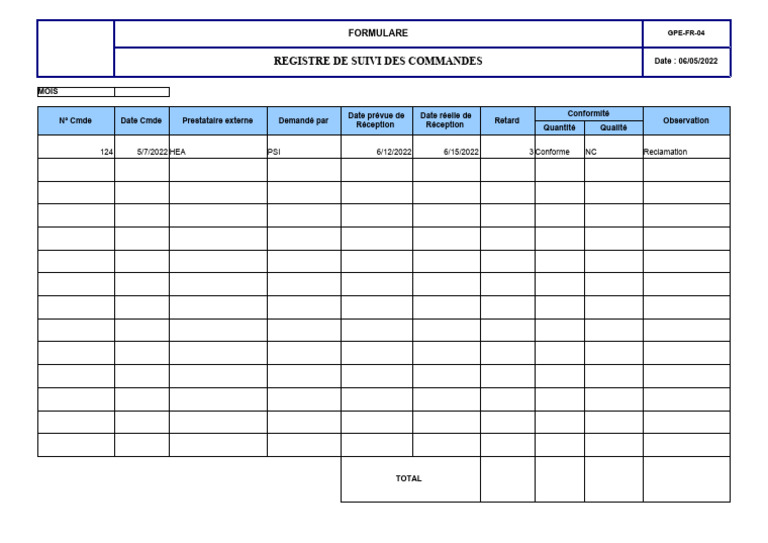 Registre de Suivi des Commandes | PDF