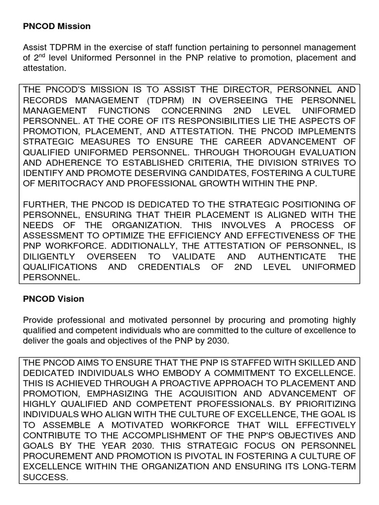 PNCOD Mission and Vision for PNP Personnel | PDF | Goal | Integrity