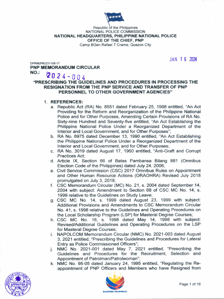 PNP MC No 2024-004 (Resignation and Transfer To Other Government ...