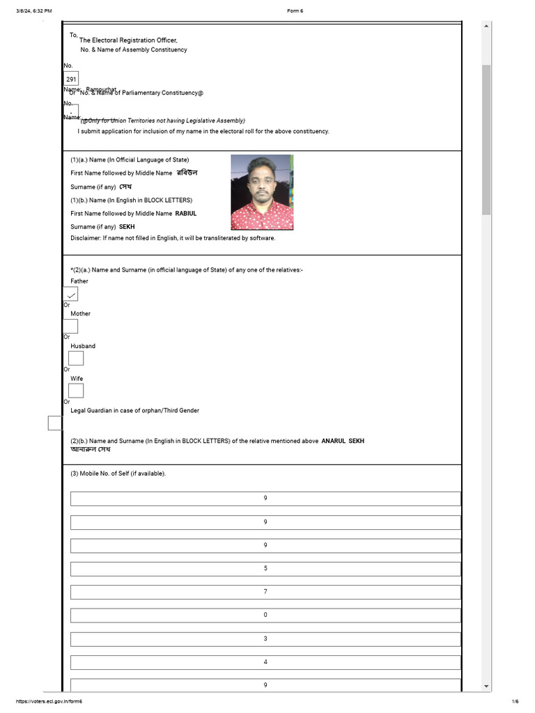 Voter Registration Form 6 for West Bengal | PDF | Electoral District ...