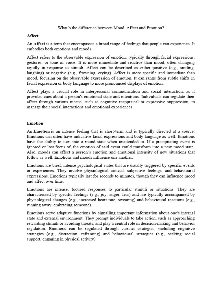 Mood vs. Affect vs. Emotion Explained | PDF | Emotions | Affect ...
