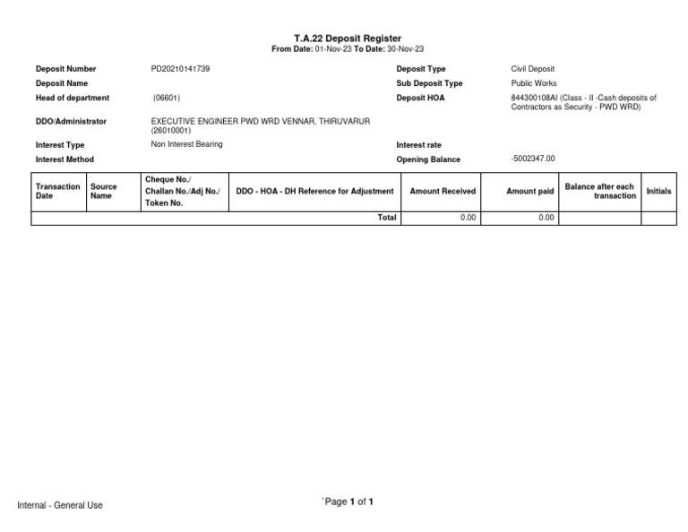 Civil Deposit Register T.A.22 Overview | PDF | Finance & Money Management