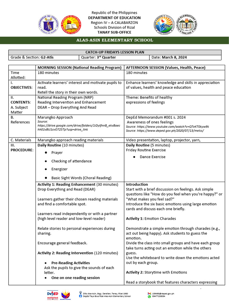 Grade 2 Catch-Up Fridays Lesson Plan | PDF | Emotions | Behavior ...