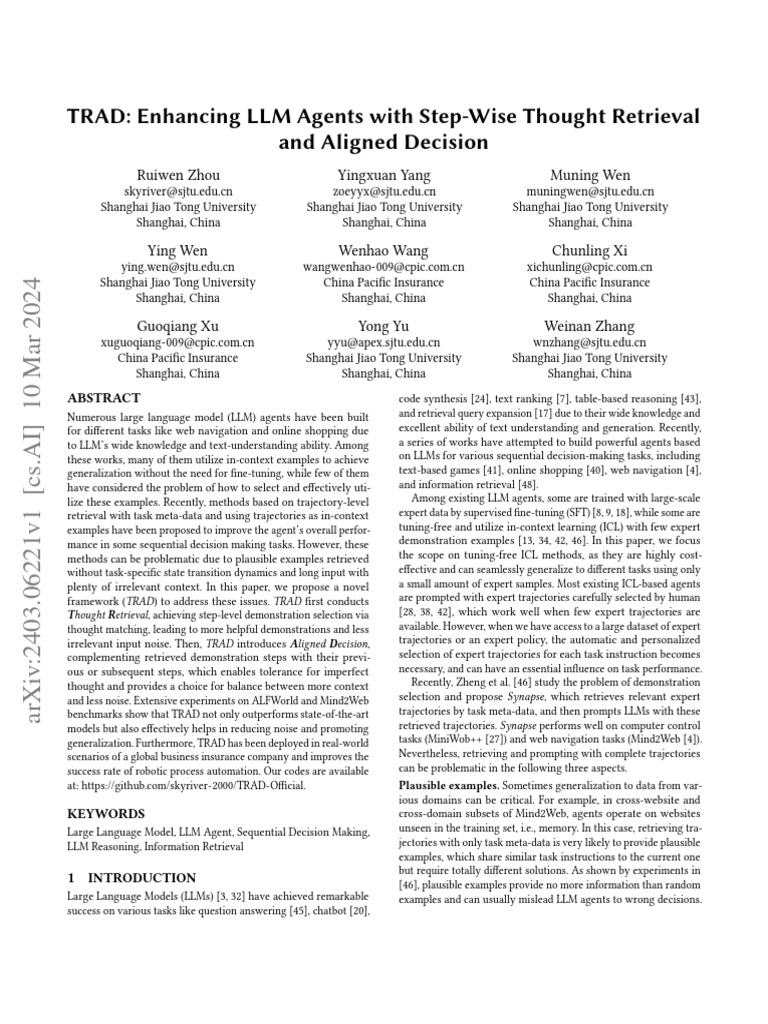 Enhancing LLM Agents with TRAD Framework | PDF | Thought | Information