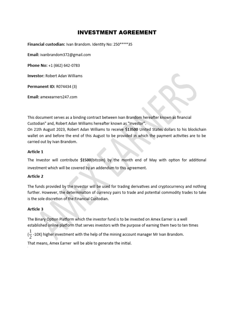 Investment Agreement | PDF | Investing | Cryptocurrency