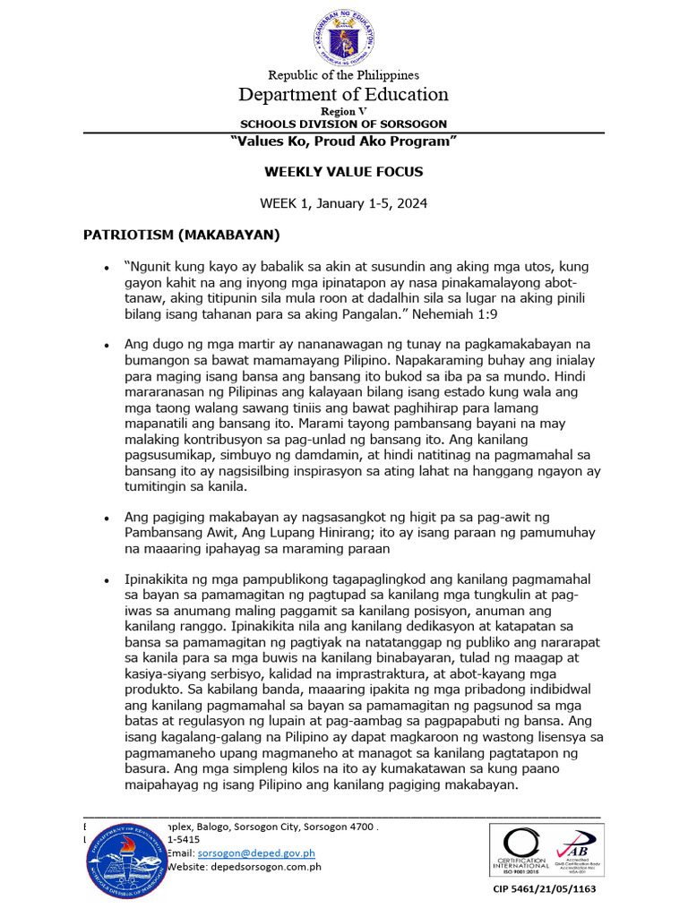 Weekly value focus patriotism filipino pdf