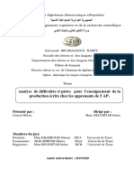 Analyse de Difficultés Et Pistes Pour L'enseignement de La Production Écrite Chez Les Apprenants de 5 AP