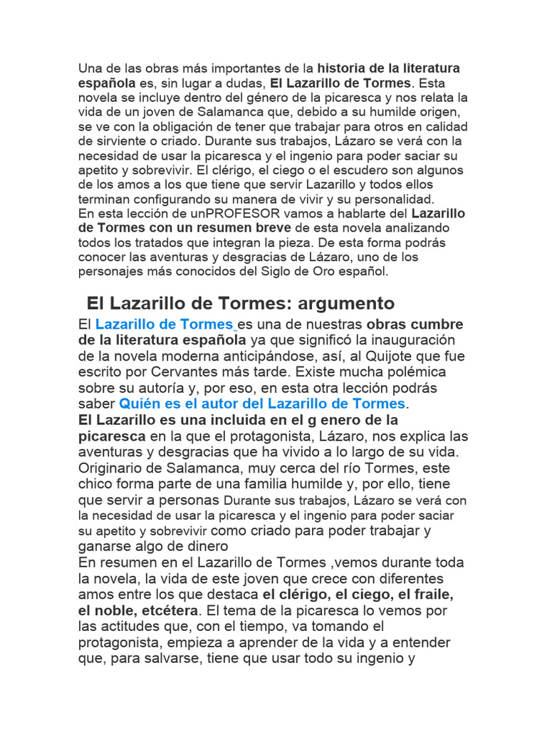 Resumen de El Lazarillo de Tormes | PDF | Classics | General Fiction