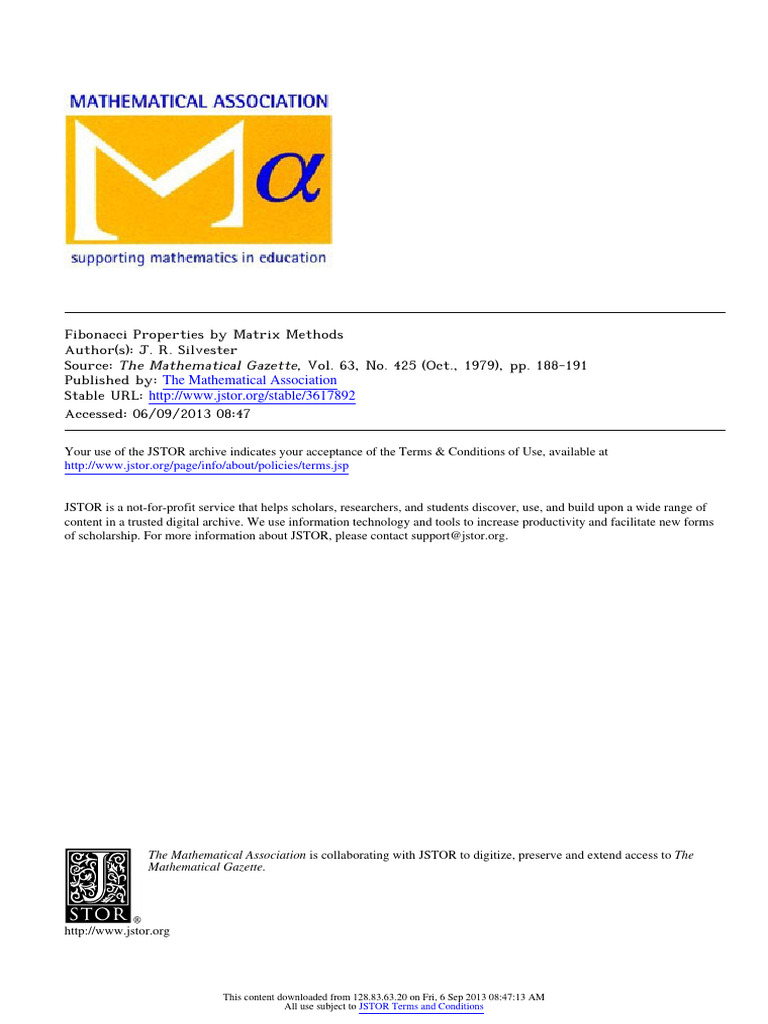 Matrix Methods for Fibonacci Properties | PDF | Matrix (Mathematics ...