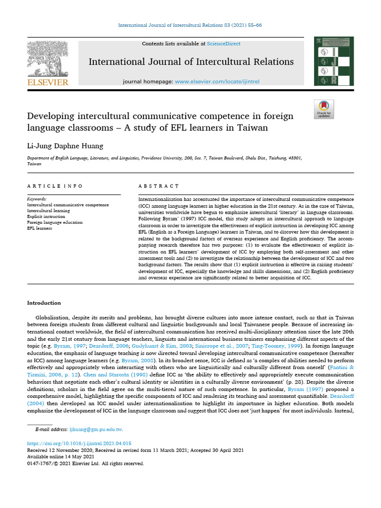 EFL Learners' Intercultural Competence in Taiwan | PDF | Cross Cultural ...