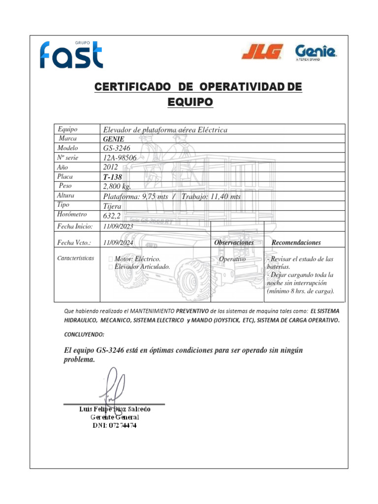 Certificado Operatividad - T138 | PDF
