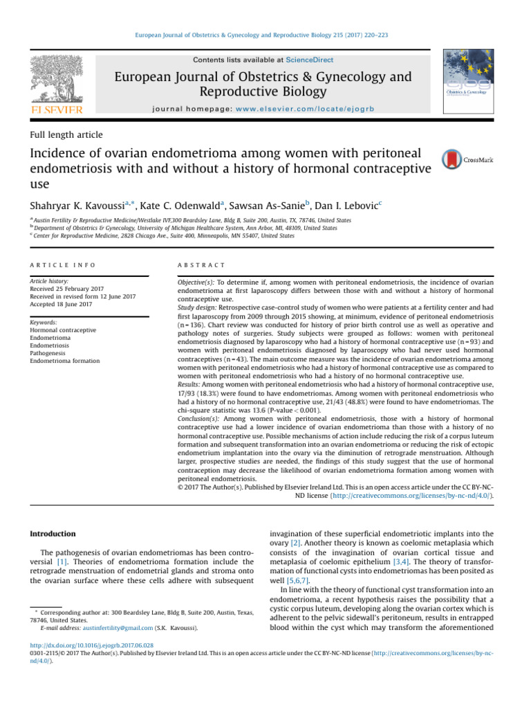 Incidence of Ovarian Endometrioma Among Women With | PDF | Medicine ...