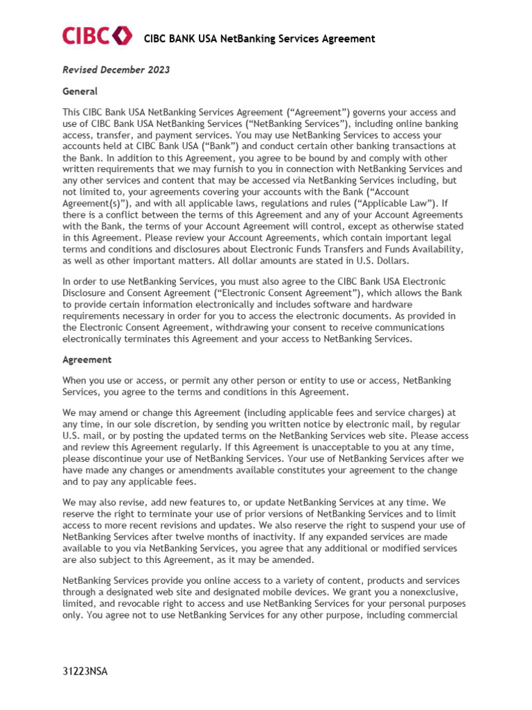 Cibc bank usa netbanking services agreement download free pdf banks