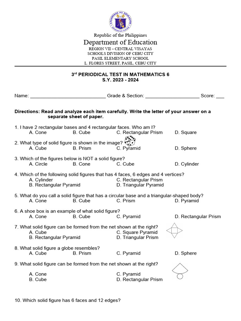 3rd Periodical Test In Math6 Pdf Speed Area