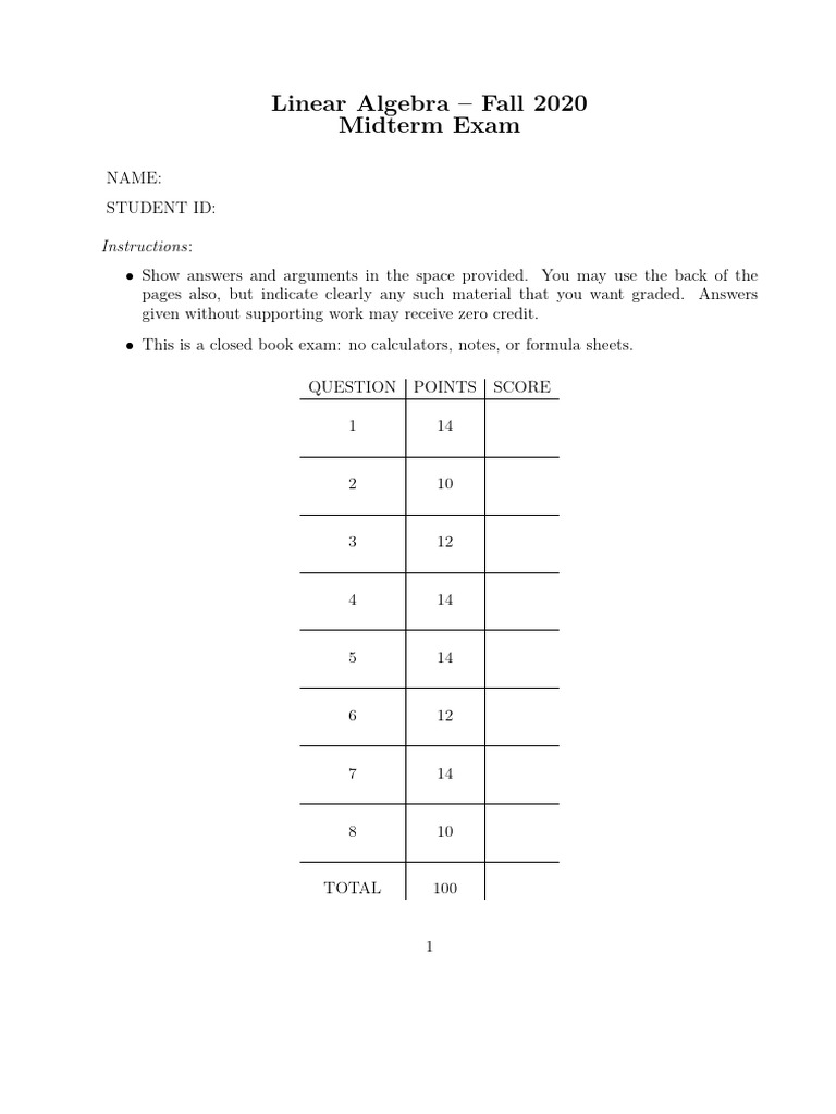 Linear Algebra Midterm Exam 2020 | PDF | Algebra | Functional Analysis