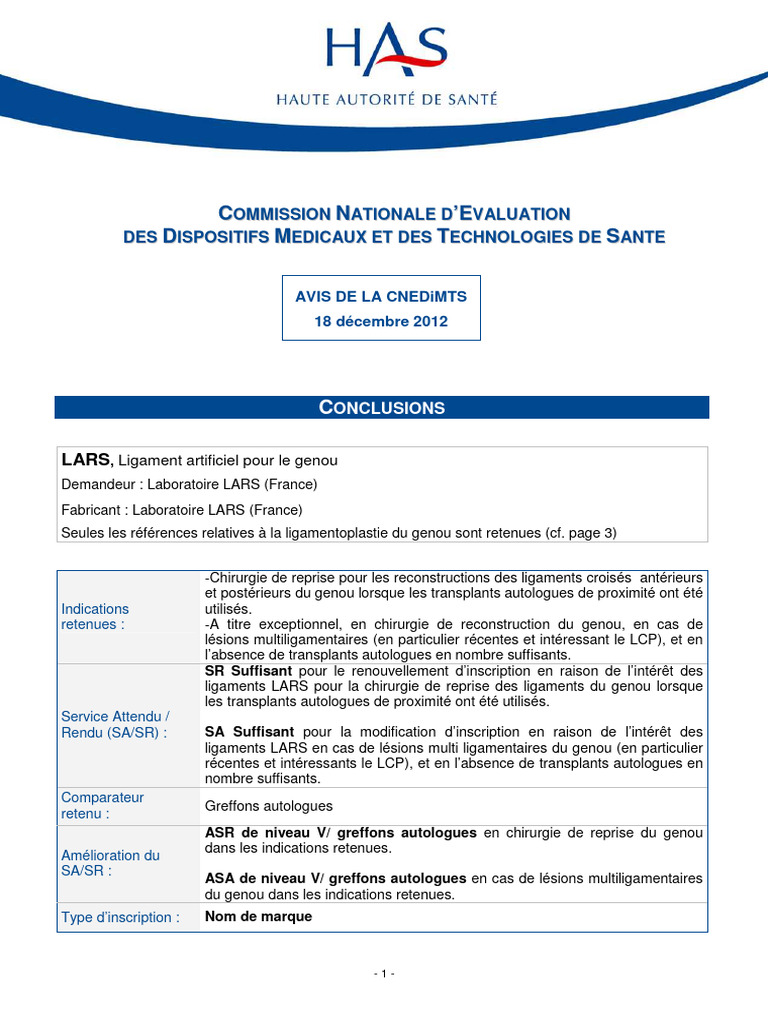 Évaluation des ligaments LARS pour le genou | PDF | Genou | Arthrose