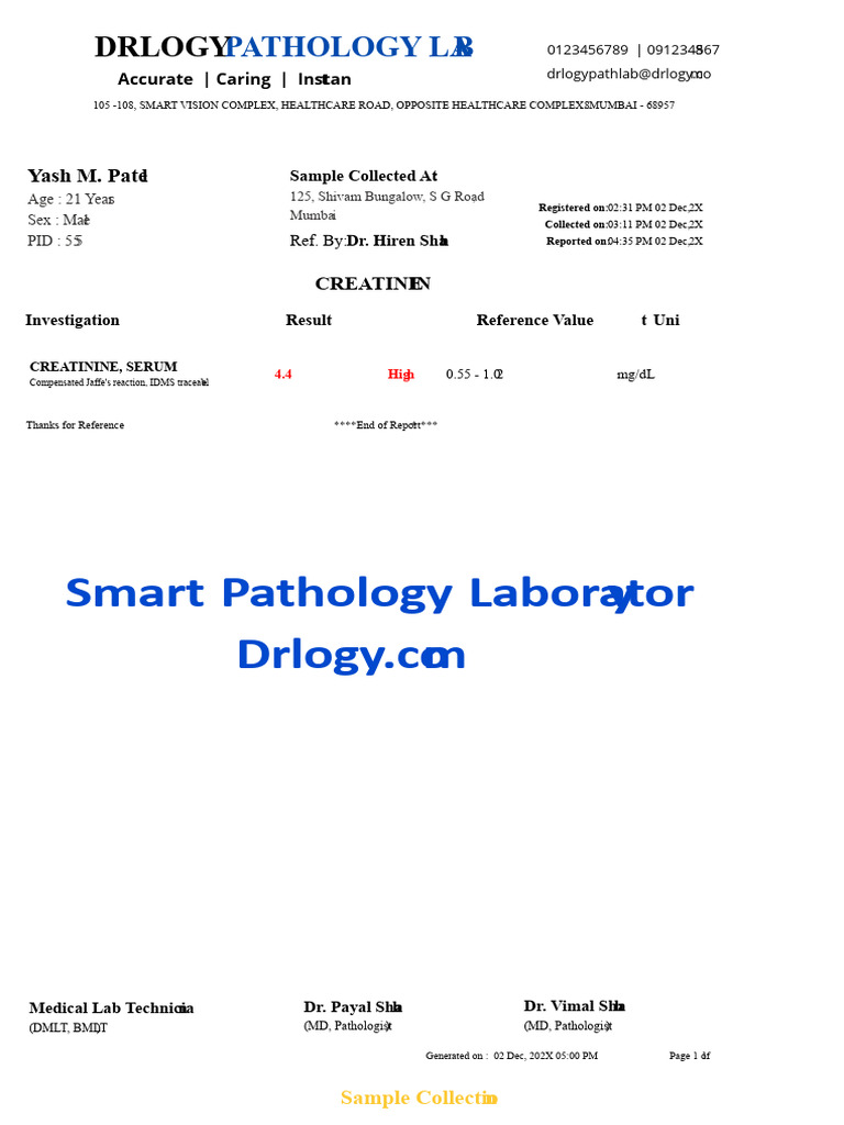 Creatinine test report format example sample template drlogy lab report