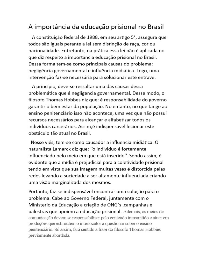 A Importância Da Educação Prisional No Brasil (Redação) | PDF