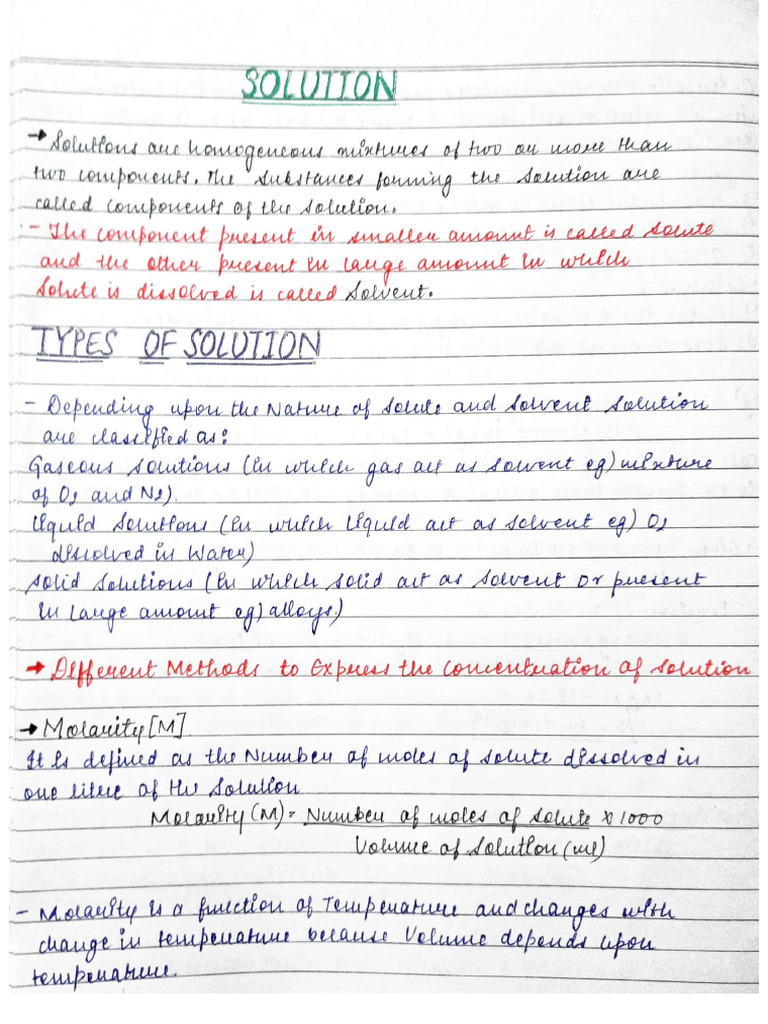 Class 12 Chemistry Handwritten Notes On Chapter 1 (Solutions) | PDF