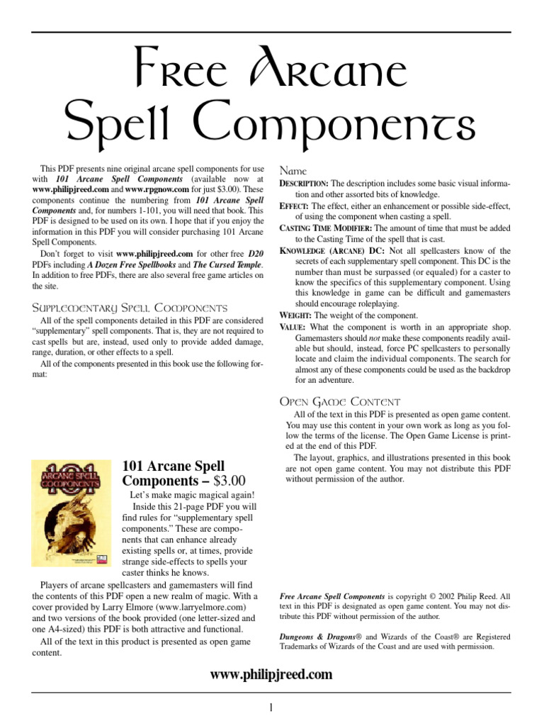 Free Arcane Spell Components PDF Copyright D20 System