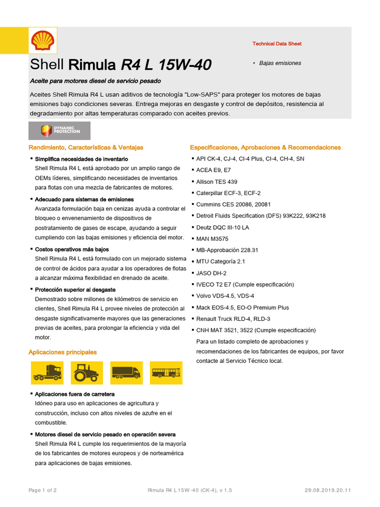 Ficha Técnica Shell Rimula R4 L 15W-40 | PDF | Tecnología