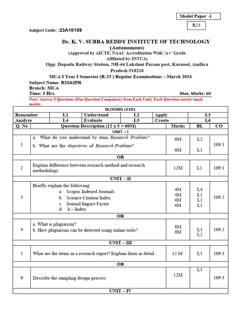 Rm&Ipr Model Paper - I | PDF | Intellectual Property Law | Intellectual ...
