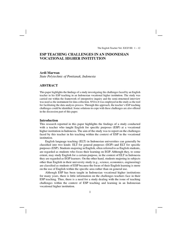 ESP Teaching Challenges in Indonesia | PDF | Teachers | Learning