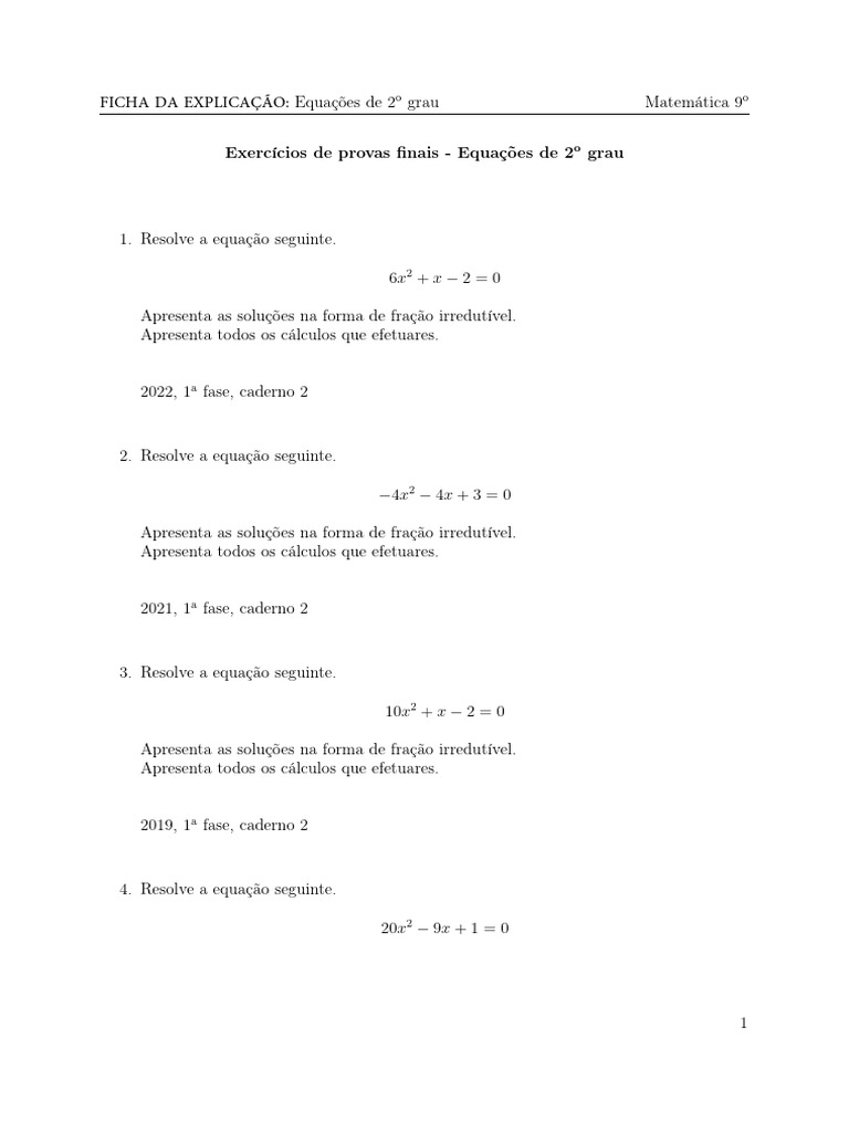 Ficha exercicios equacoes de 2o grau pdf equa es matem tica