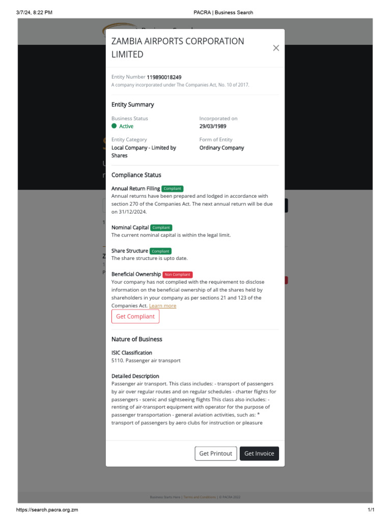 PACRA Business Search Zambia Airports Corporation 2024 PDF