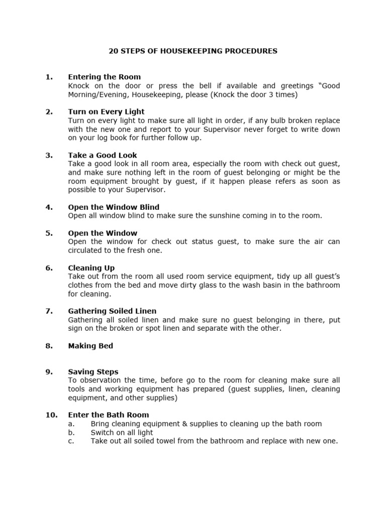 20 Steps for Room Cleaning Procedures | PDF | Bathroom | Home
