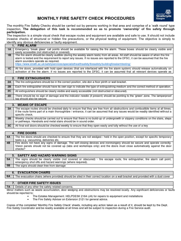Monthly Fire Safety Check Procedures | PDF | Fire Safety | Fires