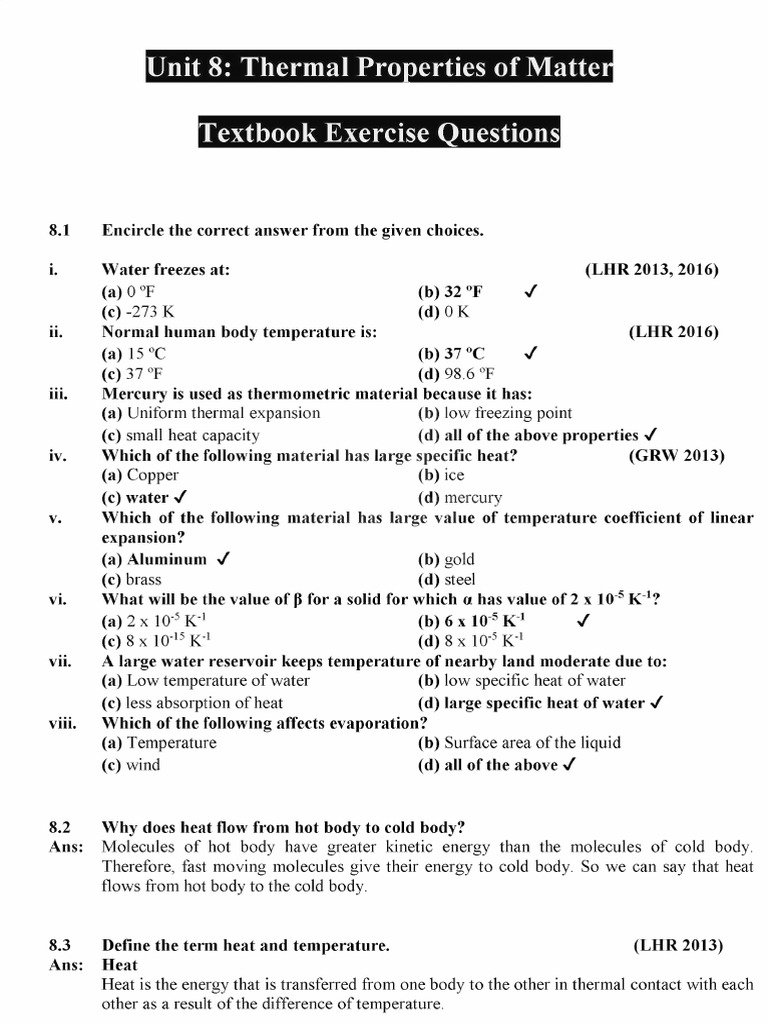 9th Phy Chap 8 Exercise MCQs & SQs | PDF
