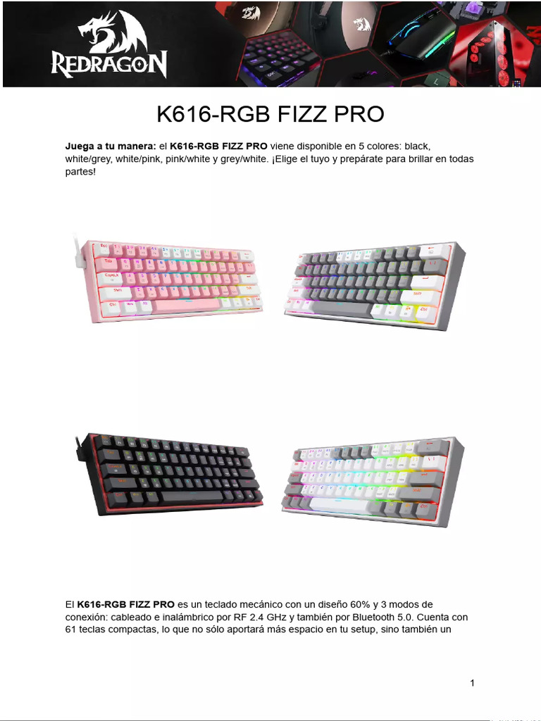 Manual de Usuario Redragon FiZZ Pro K616-RGB (Español - 3 Páginas) | PDF