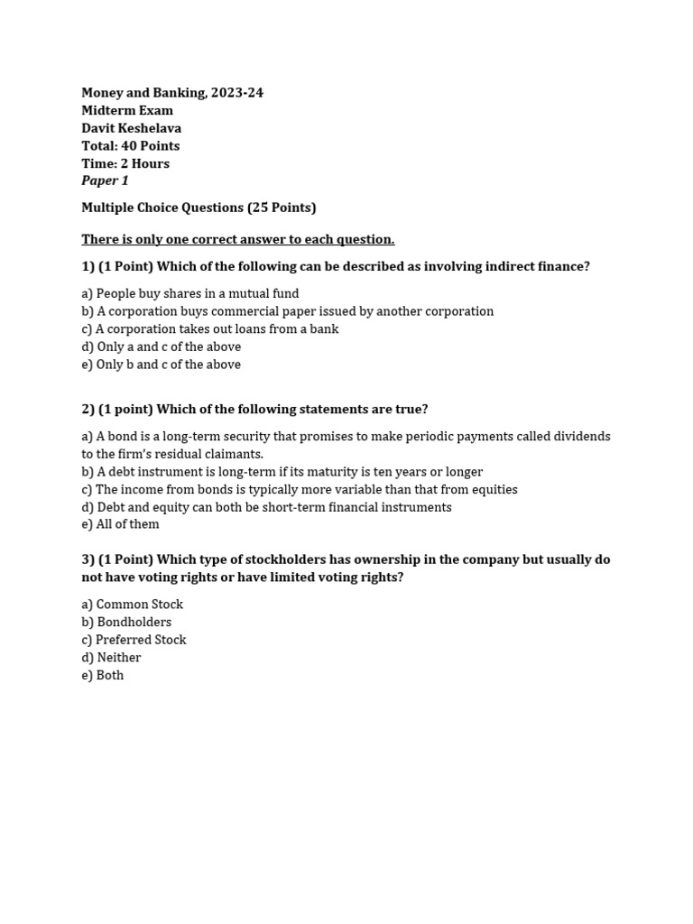 Money and Banking Midterm Exam 2023-24 | PDF | Interest | Interest Rates