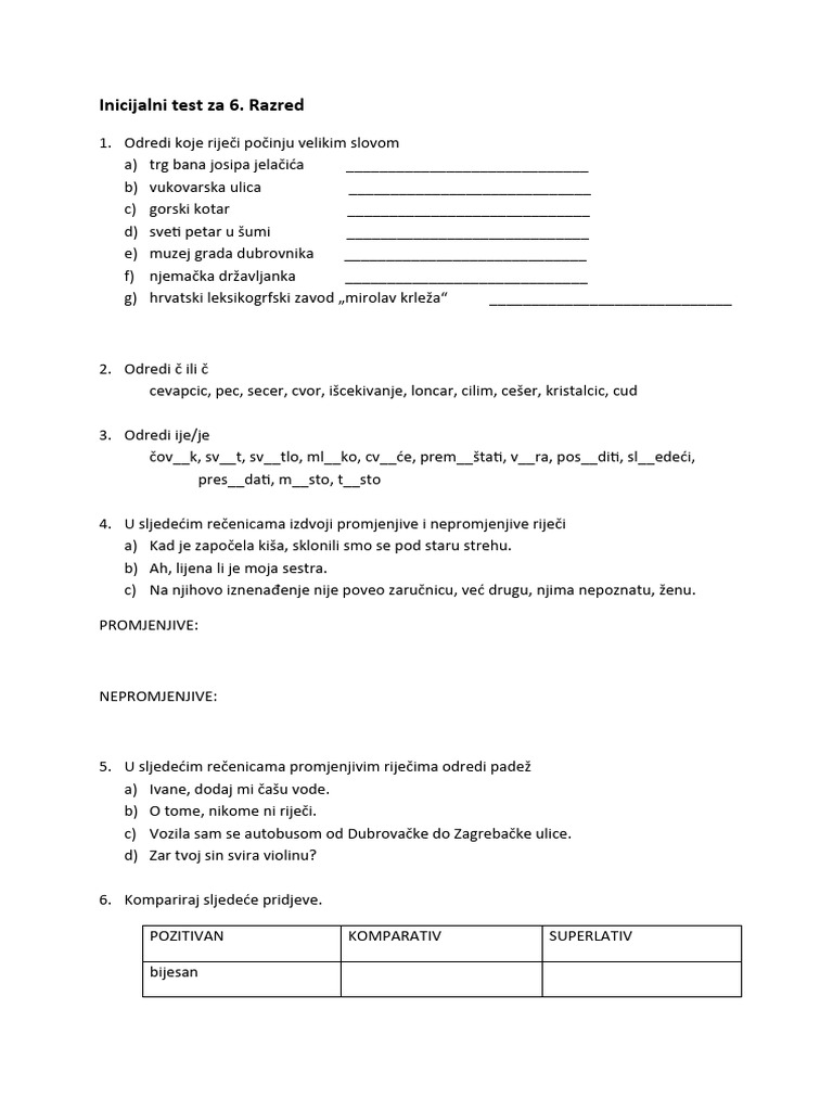 Dokumen - Tips - Inicijalni Test Za 6 Razred | PDF