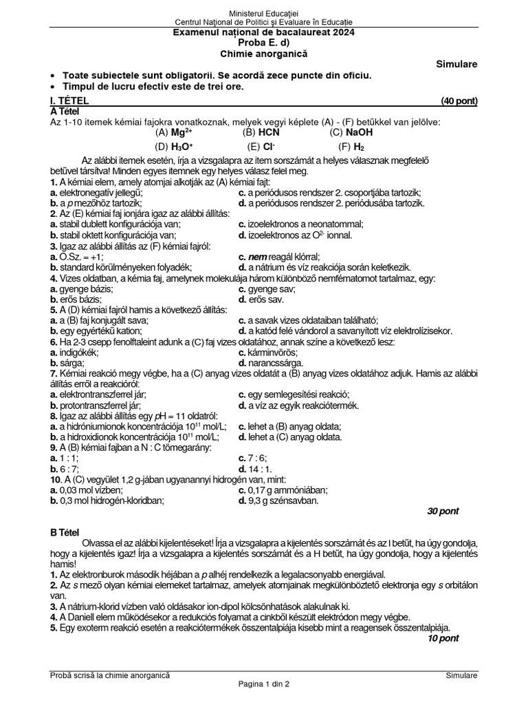 E d chimie anorganica 2024 var simulare lma copie pdf