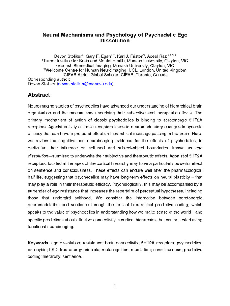 Neural Mechanisms and Psychology of Psychedelic Ego Dissolution ...