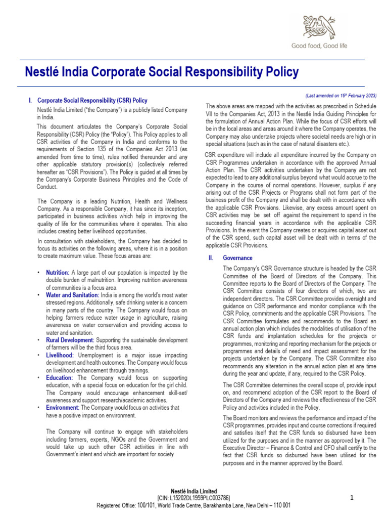 Nestlé India CSR Policy Overview | PDF | Corporate Social ...